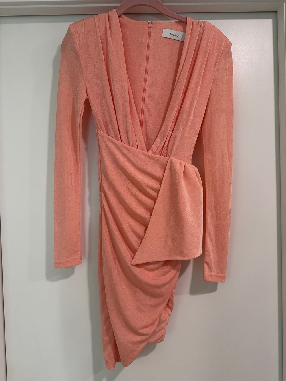 Mishka Peach-Pink Draped V-Neck Long-Sleeve Dress